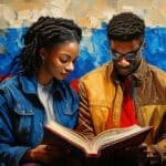 two african students reading a book with the Russian flag in the background