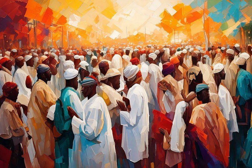 Senegalese Crowd praying in the street