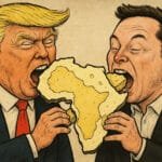 Donald Trump and Elon Musk eating a map of Africa