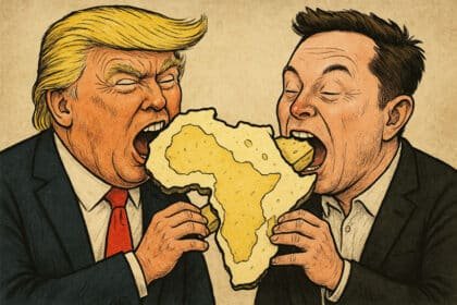 Donald Trump and Elon Musk eating a map of Africa