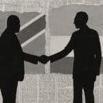 Black-and-white collage showing two African male silhouettes shaking hands in front of the DRC and Rwanda flags, composed of torn newspaper clippings.