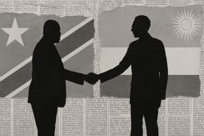 Black-and-white collage showing two African male silhouettes shaking hands in front of the DRC and Rwanda flags, composed of torn newspaper clippings.