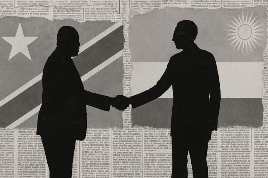 Black-and-white collage showing two African male silhouettes shaking hands in front of the DRC and Rwanda flags, composed of torn newspaper clippings.
