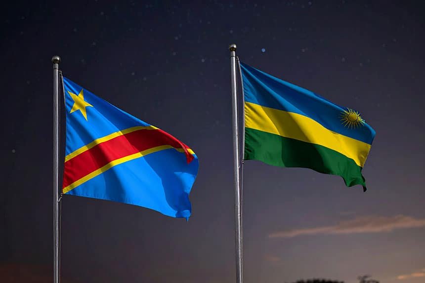 DRC and Rwanda flags at night