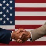 Two political leaders—one representing the Democratic Republic of Congo and the other Rwanda—shake hands in front of a large American flag.