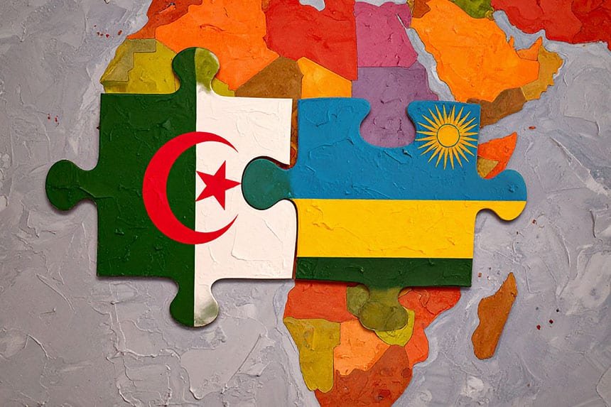 Algerie and Rwanda flags above Africa map
