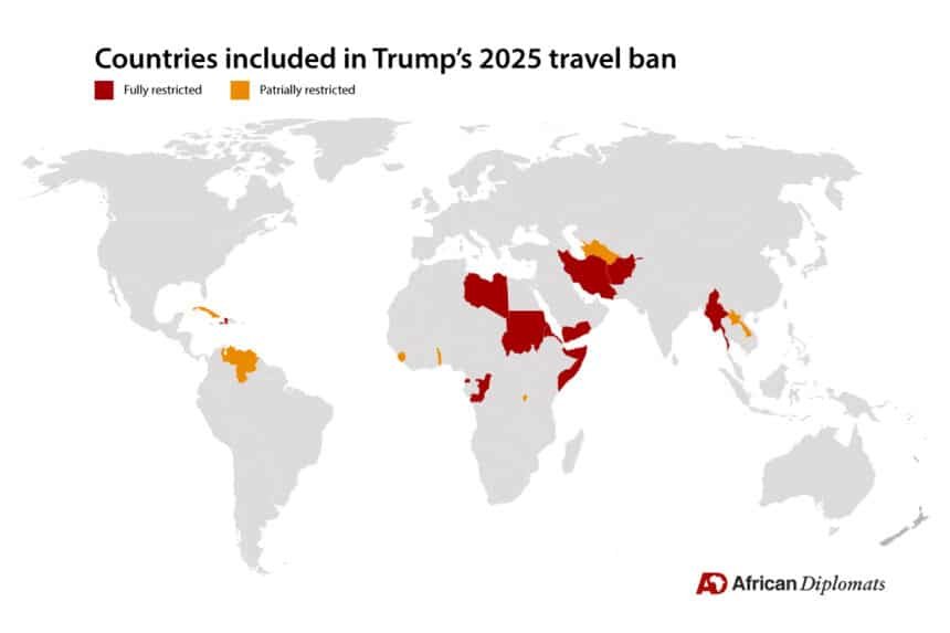 Map of Countries included in Trump's 2025 Travel Ban