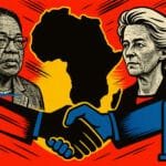 Conceptual illustration of Africa–Europe diplomatic cooperation in 2025, showing a handshake between African and European leaders, with Africa’s map, a wind turbine, and a hydrogen pump symbolizing green partnerships.