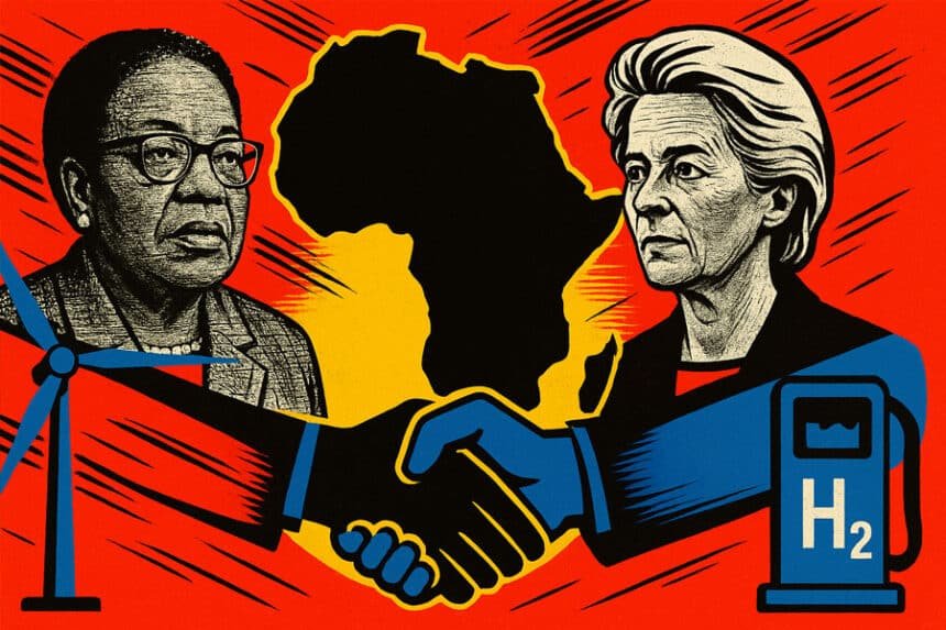Conceptual illustration of Africa–Europe diplomatic cooperation in 2025, showing a handshake between African and European leaders, with Africa’s map, a wind turbine, and a hydrogen pump symbolizing green partnerships.