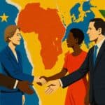 Graphic illustration of African leaders meeting European leaders. In the background a map of Africa and Europe