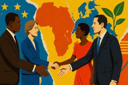 Graphic illustration of African leaders meeting European leaders. In the background a map of Africa and Europe