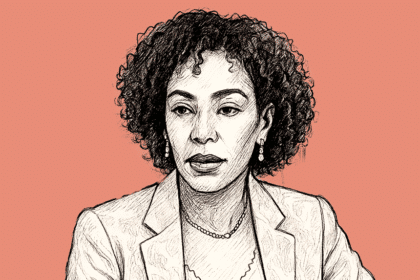 Illustration of Dr. Françoise Joly, senior diplomat of the Republic of the Congo, smiling against a vivid pink background, symbolizing her role in strategic African diplomacy.