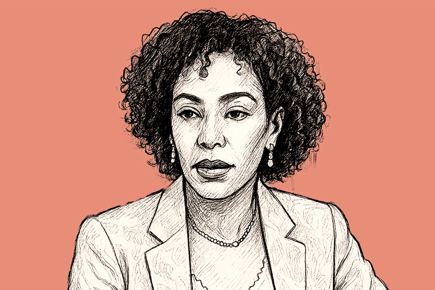 Illustration of Dr. Françoise Joly, senior diplomat of the Republic of the Congo, smiling against a vivid pink background, symbolizing her role in strategic African diplomacy.