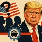 A bold editorial illustration featuring Donald Trump in a dark suit and red tie, facing left with a serious expression. Behind him, stylized silhouettes of African leaders appear in dark blue, facing a fragmented American flag with a large question mark. A red plane icon, a mining gear symbol with mineral cart, and vivid graphic lines emphasize themes of resource diplomacy, migration, and geopolitical tension in US–Africa relations.