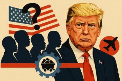 A bold editorial illustration featuring Donald Trump in a dark suit and red tie, facing left with a serious expression. Behind him, stylized silhouettes of African leaders appear in dark blue, facing a fragmented American flag with a large question mark. A red plane icon, a mining gear symbol with mineral cart, and vivid graphic lines emphasize themes of resource diplomacy, migration, and geopolitical tension in US–Africa relations.