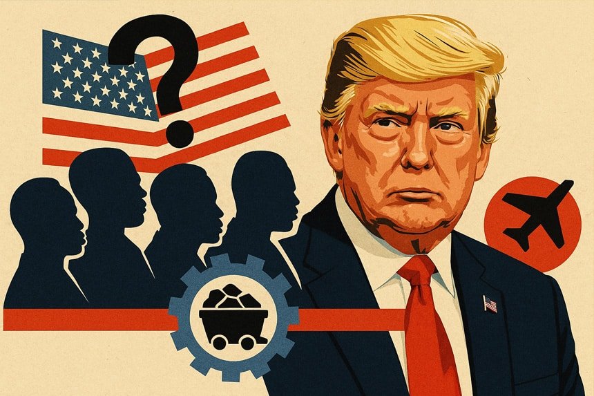 A bold editorial illustration featuring Donald Trump in a dark suit and red tie, facing left with a serious expression. Behind him, stylized silhouettes of African leaders appear in dark blue, facing a fragmented American flag with a large question mark. A red plane icon, a mining gear symbol with mineral cart, and vivid graphic lines emphasize themes of resource diplomacy, migration, and geopolitical tension in US–Africa relations.