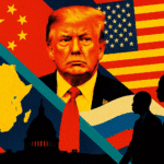 Collage-style illustration showing Donald Trump, US, China, and Russia flags, the African continent, and silhouettes of African leaders