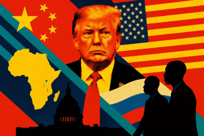 Collage-style illustration showing Donald Trump, US, China, and Russia flags, the African continent, and silhouettes of African leaders