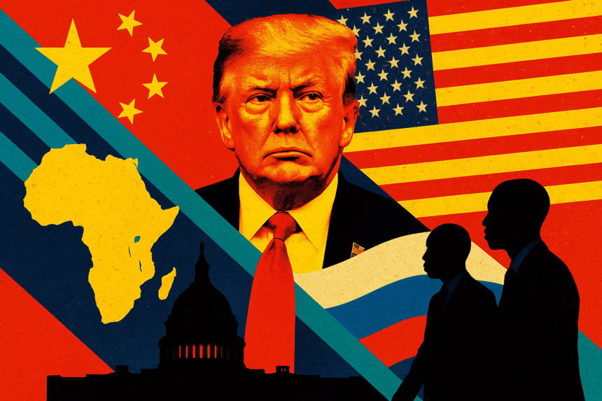 Collage-style illustration showing Donald Trump, US, China, and Russia flags, the African continent, and silhouettes of African leaders