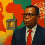 Illustration of Maurice Kamto, the Cameroon flag, a barred ballot box, and a map of Africa.