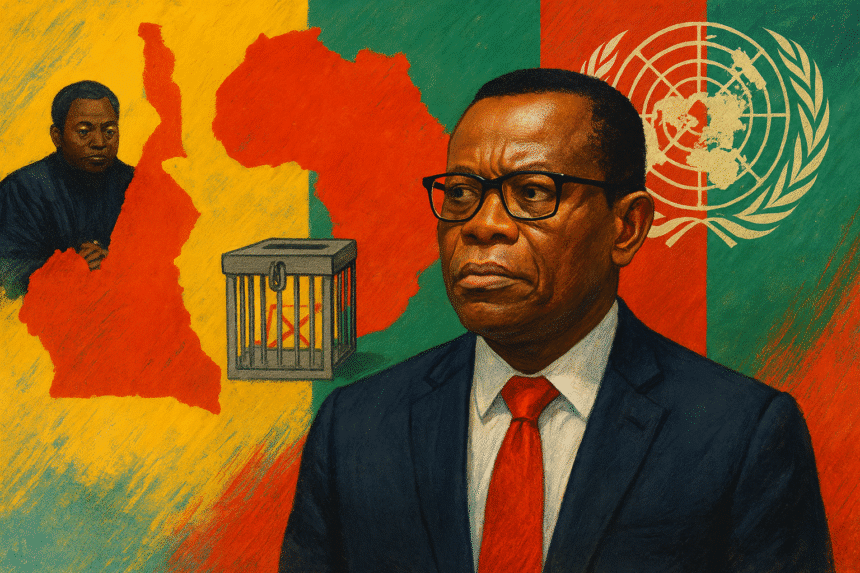 Illustration of Maurice Kamto, the Cameroon flag, a barred ballot box, and a map of Africa.